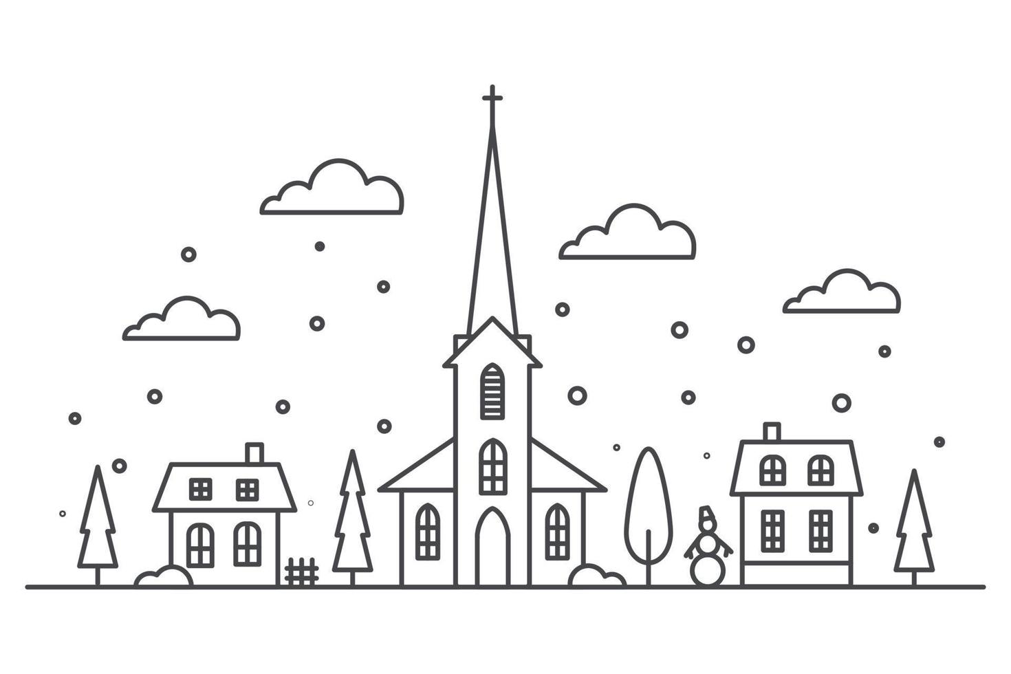 Suburban neighborhood winter landscape. Silhouette of houses and church on the skyline with snowflakes. Countryside cottage homes. Outline vector illustration.