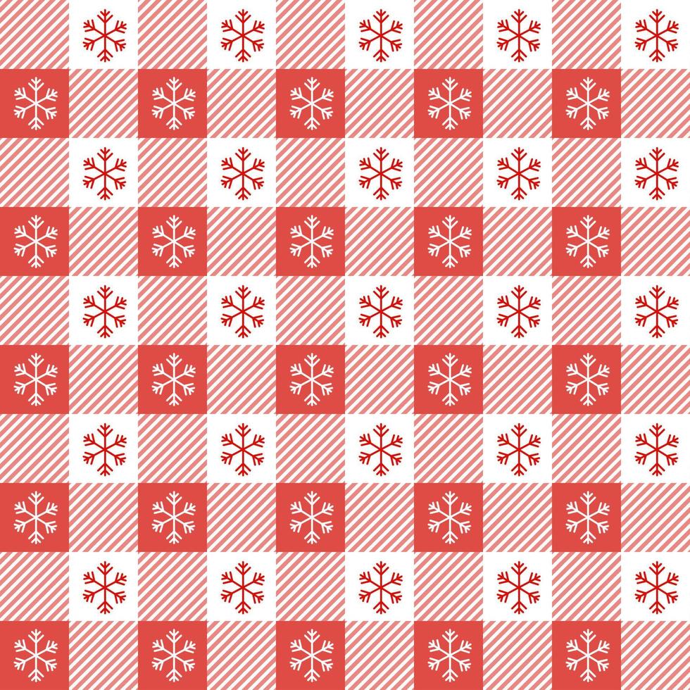 Checkered Christmas pattern with snowflakes. Seamless red gingham background. Scandinavian winter vichy backdrop. Vector holiday print