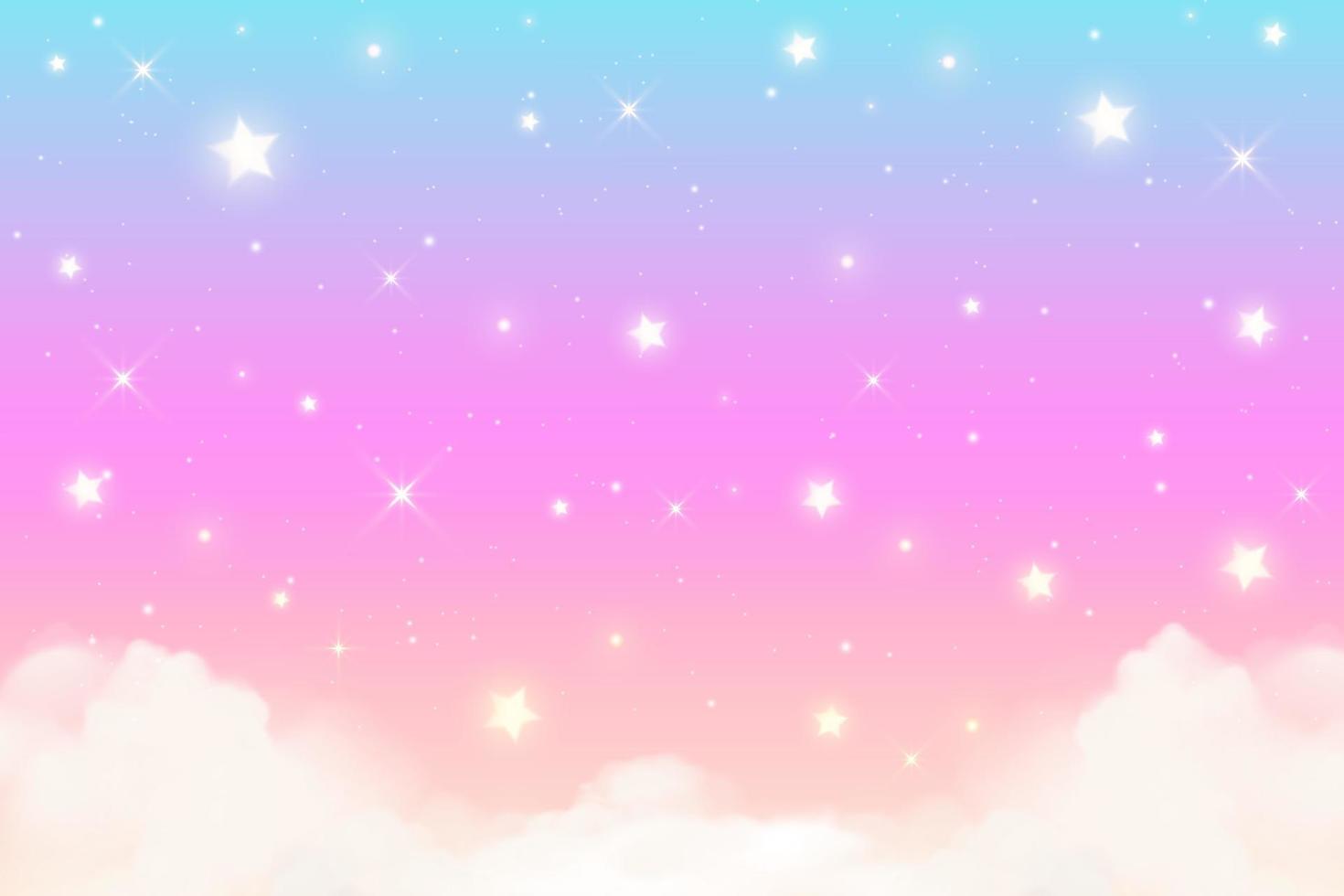 Rainbow unicorn background with clouds and stars. Pastel color sky. Magical pink landscape, abstract fabulous panorama. Cute candy wallpaper. Vector. vector