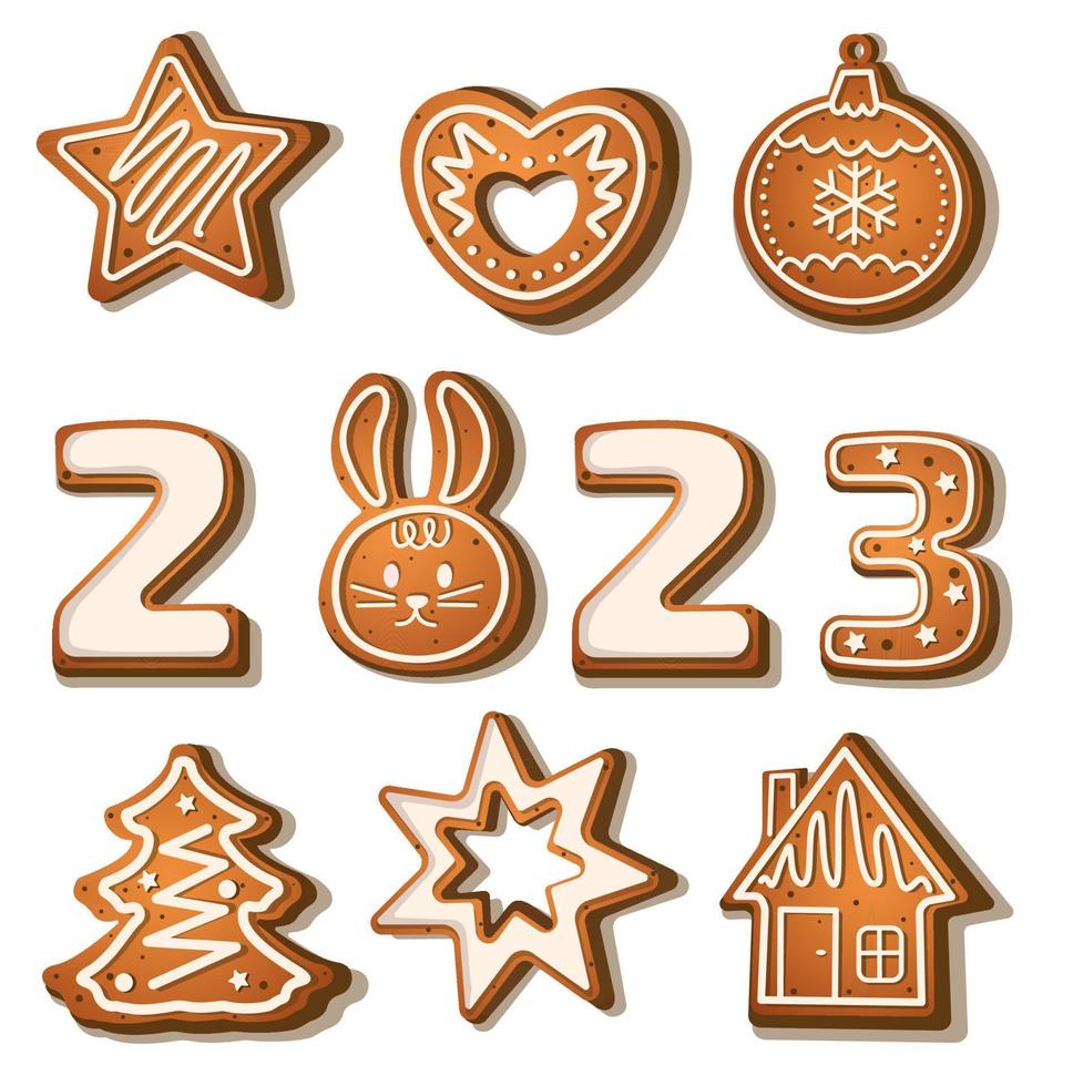 Numerals and New Year toys in the form of gingerbread a Christmas tree, a gingerbread house, stars, snowflakes and a rabbit as a symbol of the new year 2023. drawn in cartoon vector style