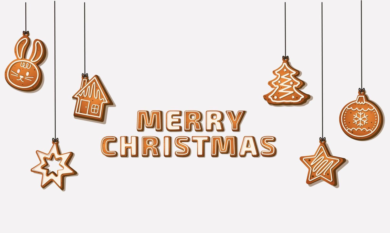 Merry Christmas greetings from delicious gingerbread in the form of different Christmas toys. Vector flat illustration isolated on white background