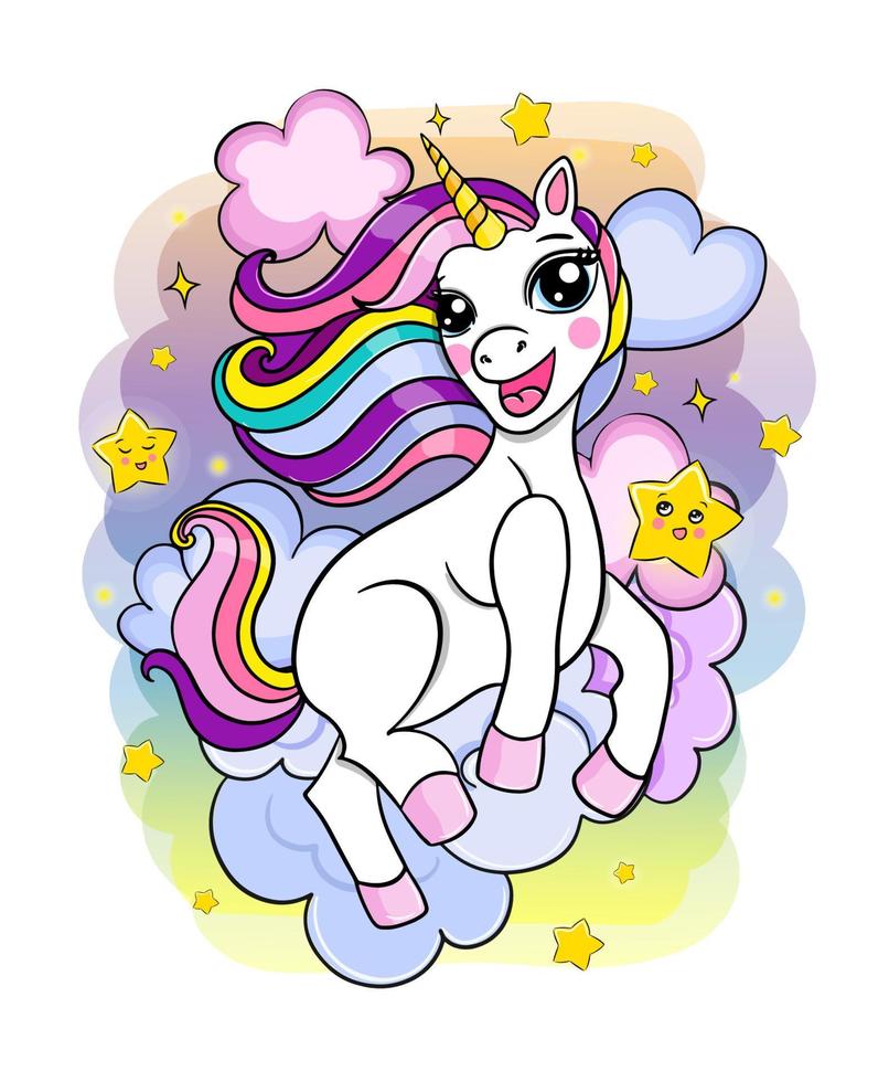 hermoso unicornio arcoiris con nubes y estrellas, concepto de dulces sueños, ilustración vectorial vector