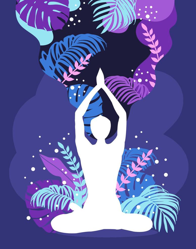 Woman sitting in lotus position. Meditation, yoga and mindfulness. vector illustration