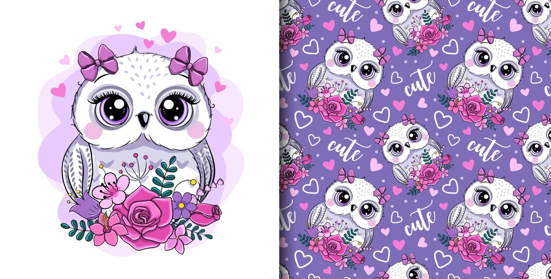 Llittle cute owl and flowers. Seamless pattern. Greeting Birthday Card or children's clothing design. vector