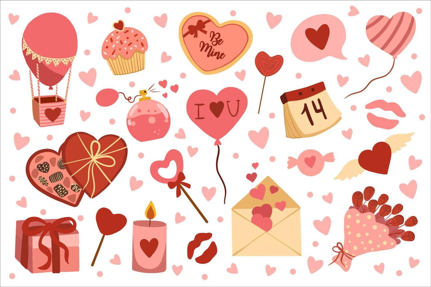 Vector lindos objetos y elementos para tarjetas de San Valentín. colección plana vectorial