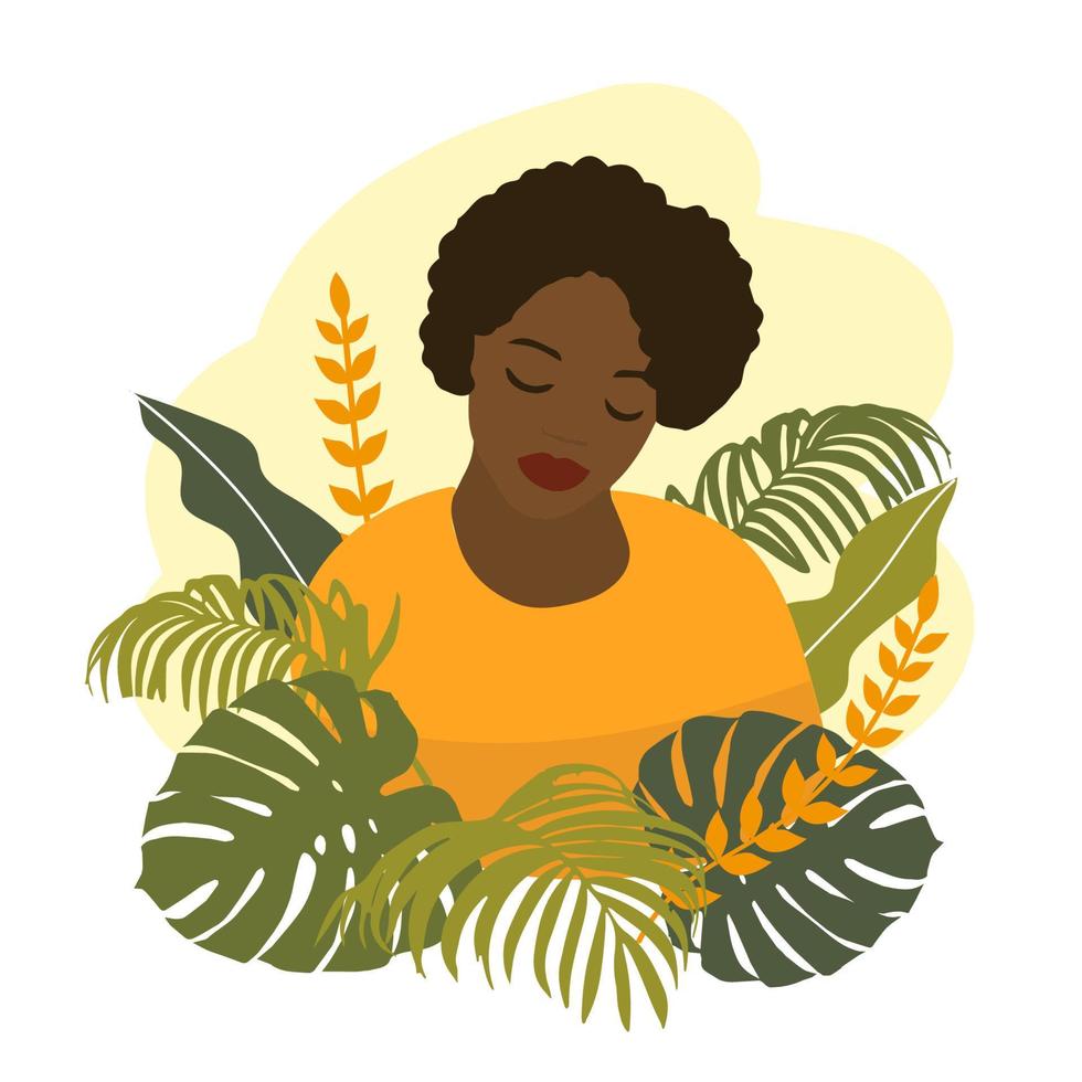 Beautiful portrait of an african american woman and floral elements. vector illustration isolated on white background