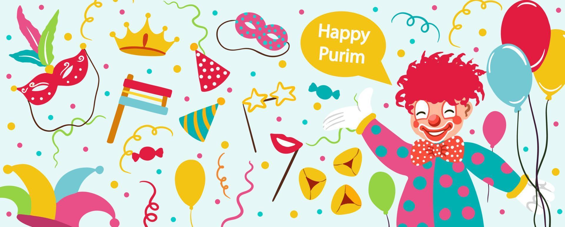 Banner for Jewish holiday Purim with masks and traditional props. Happy Purim wish, congratulations. Vector illustration