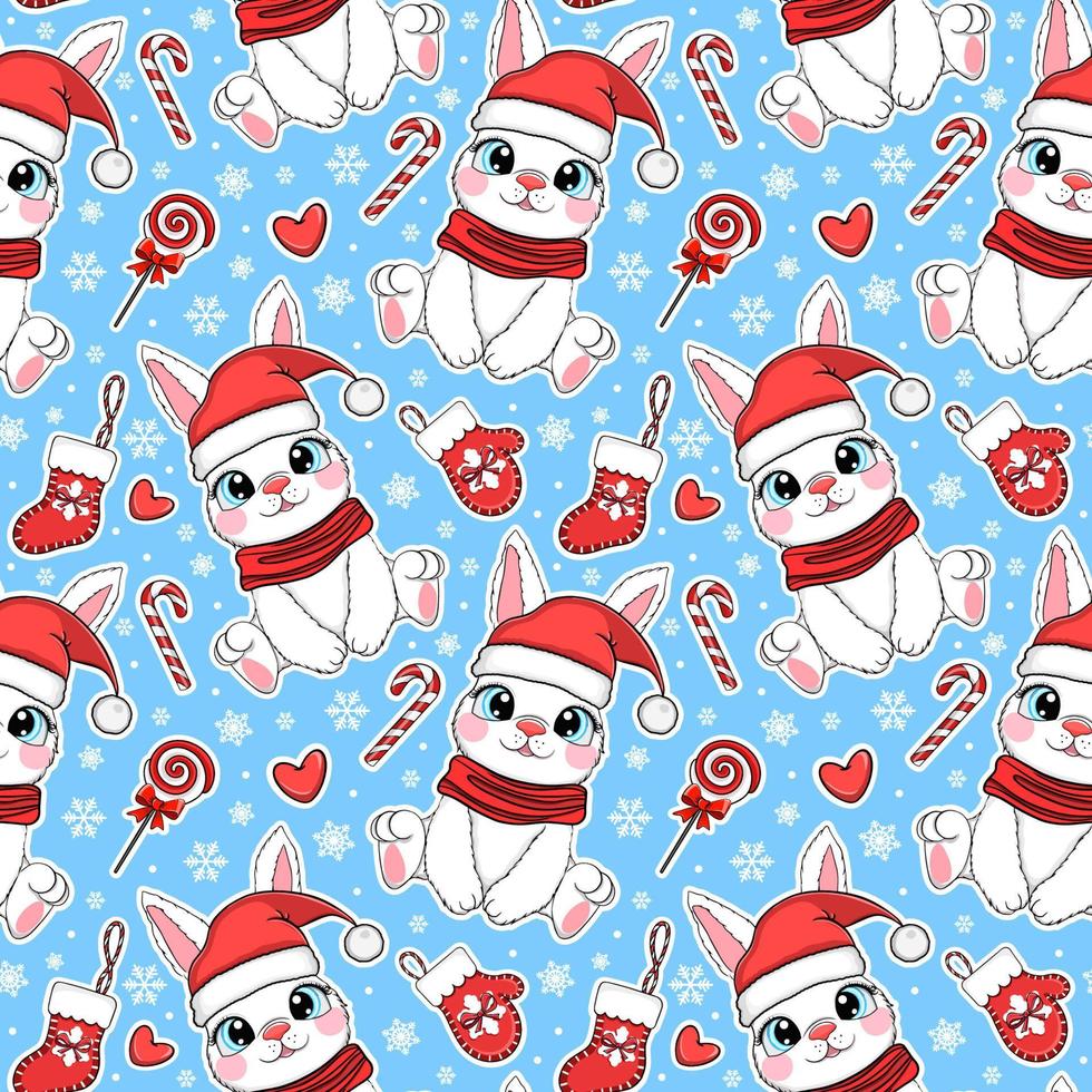 seamless pattern with christmas candy cane caramel, banny and snowflakes, endless background, repeating texture vector