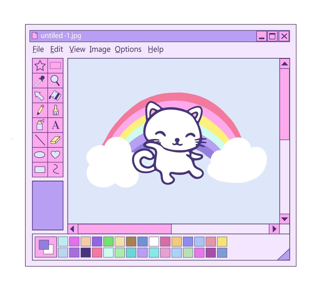 Retro user interface with graphic editor. Illustration digital paint cute cat and rainbow vector