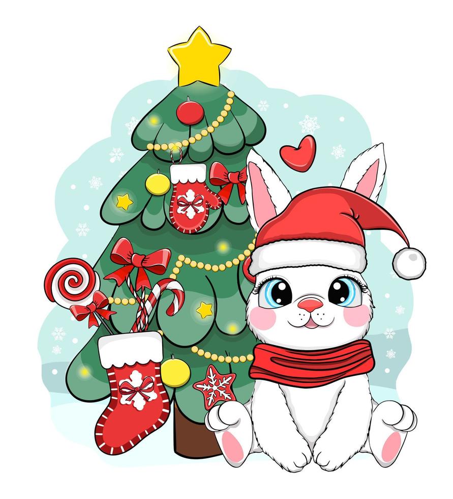 Christmas tree and cute rabbit. cartoon vector illustration