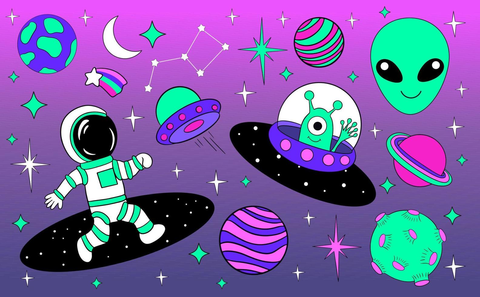 astronautas y alienígenas en la ilustración de vectores de dibujos animados espaciales. viajes y exploraciones espaciales.