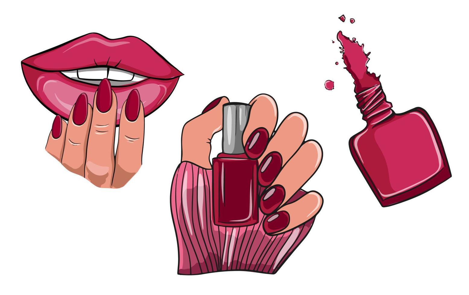 Nails and manicure icons in Viva magenta trending color of 2023. vector
