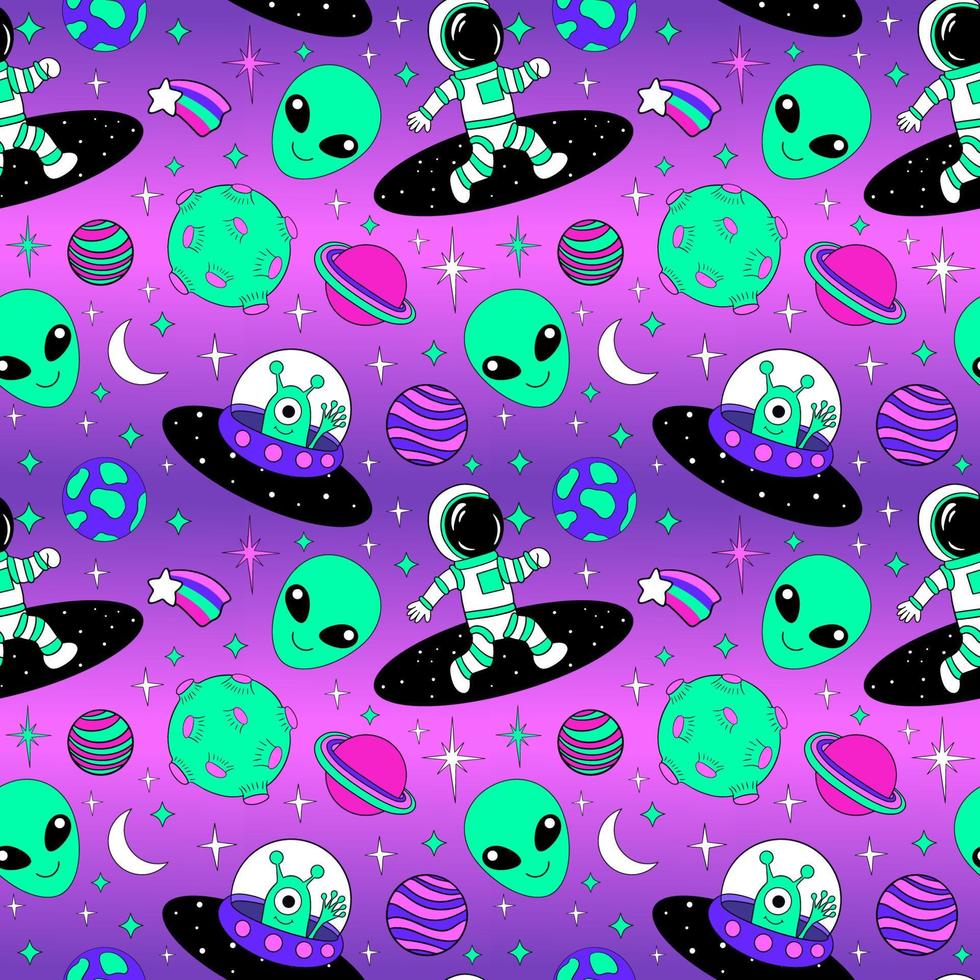 Astronauts and Alien in space cartoon vector illustration. Space travel and exploration seamless pattern