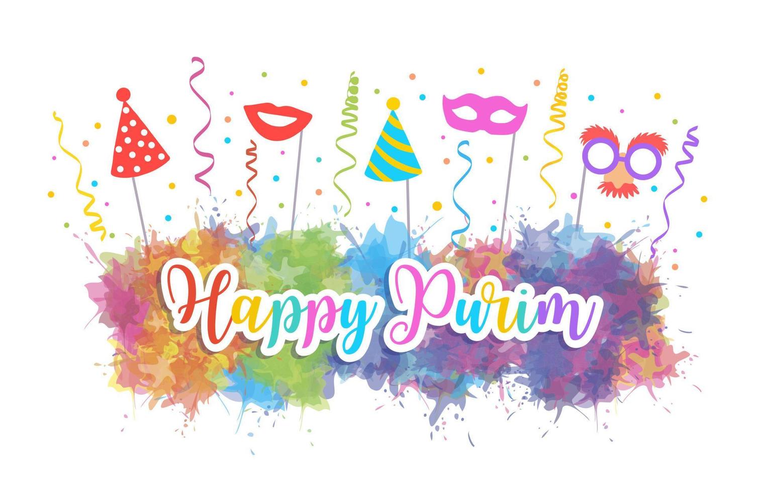 Happy Purim Jewish Holiday greeting card. traditional Purim carnival symbols watercolor design elements vector