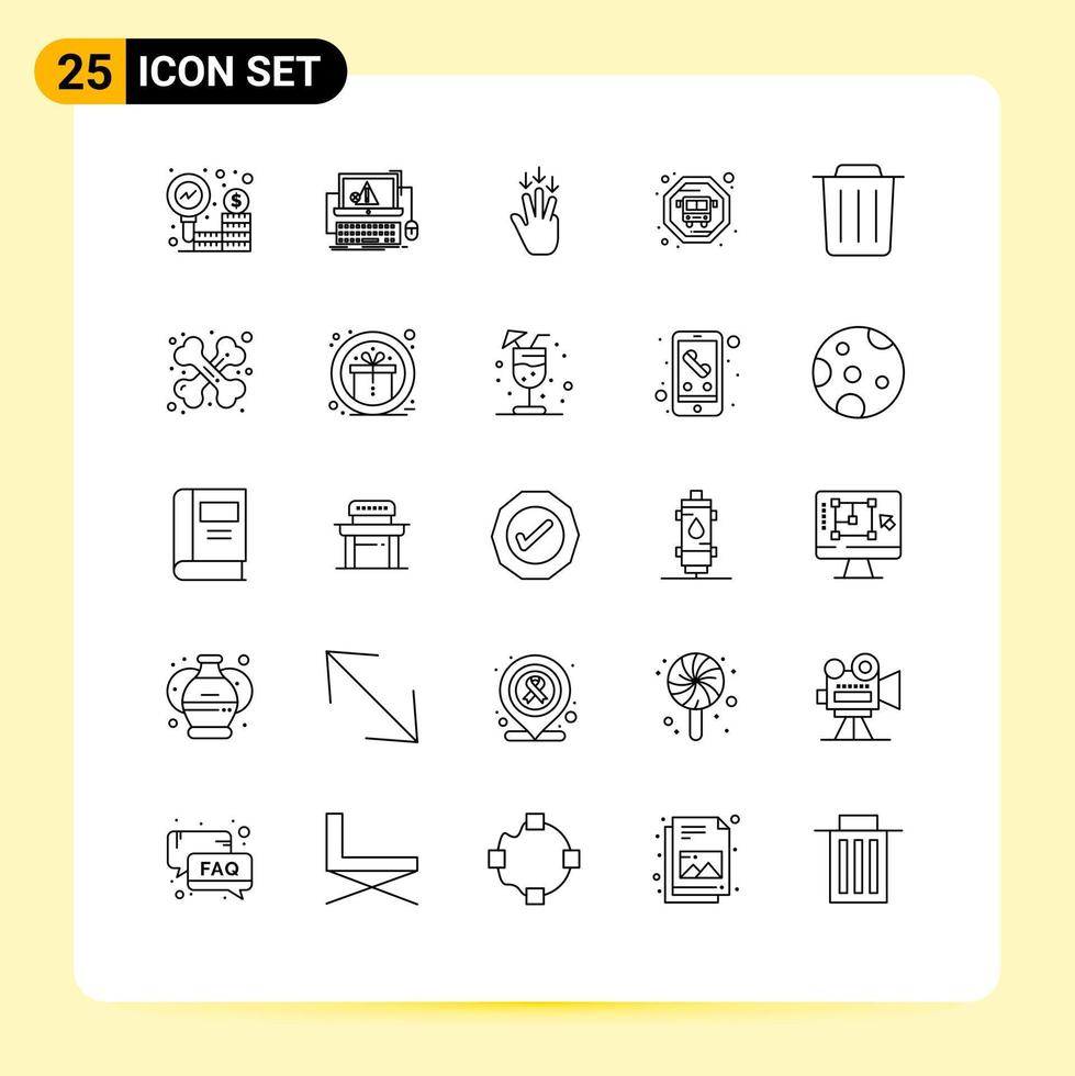 User Interface Pack of 25 Basic Lines of trash delete system public transit gestures Editable Vector Design Elements