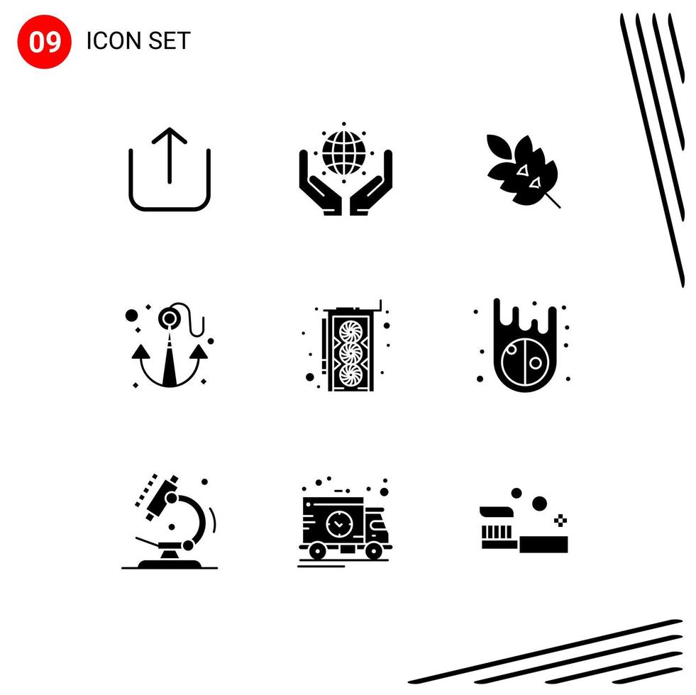 Pack of 9 creative Solid Glyphs of graphic card summer green sea anchor Editable Vector Design Elements