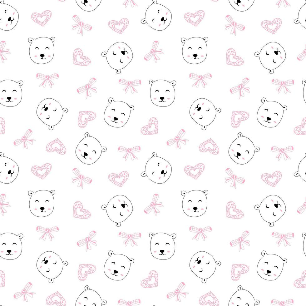 Cute nursery seamless pattern isolated on white background. Bear animal doodle icon. vector
