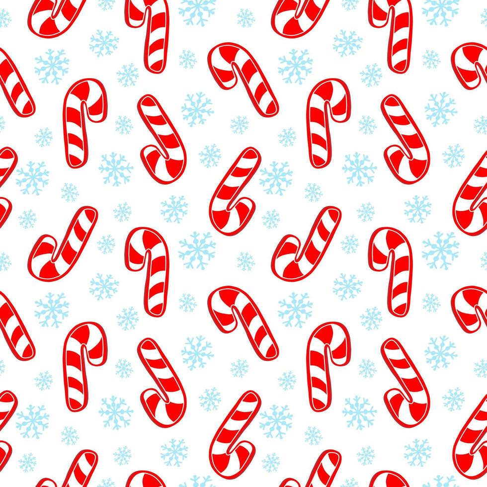 Christmas season seamless pattern with red candy and snowflakes. Cartoon vector background. Wrapping or scrapbook paper design.