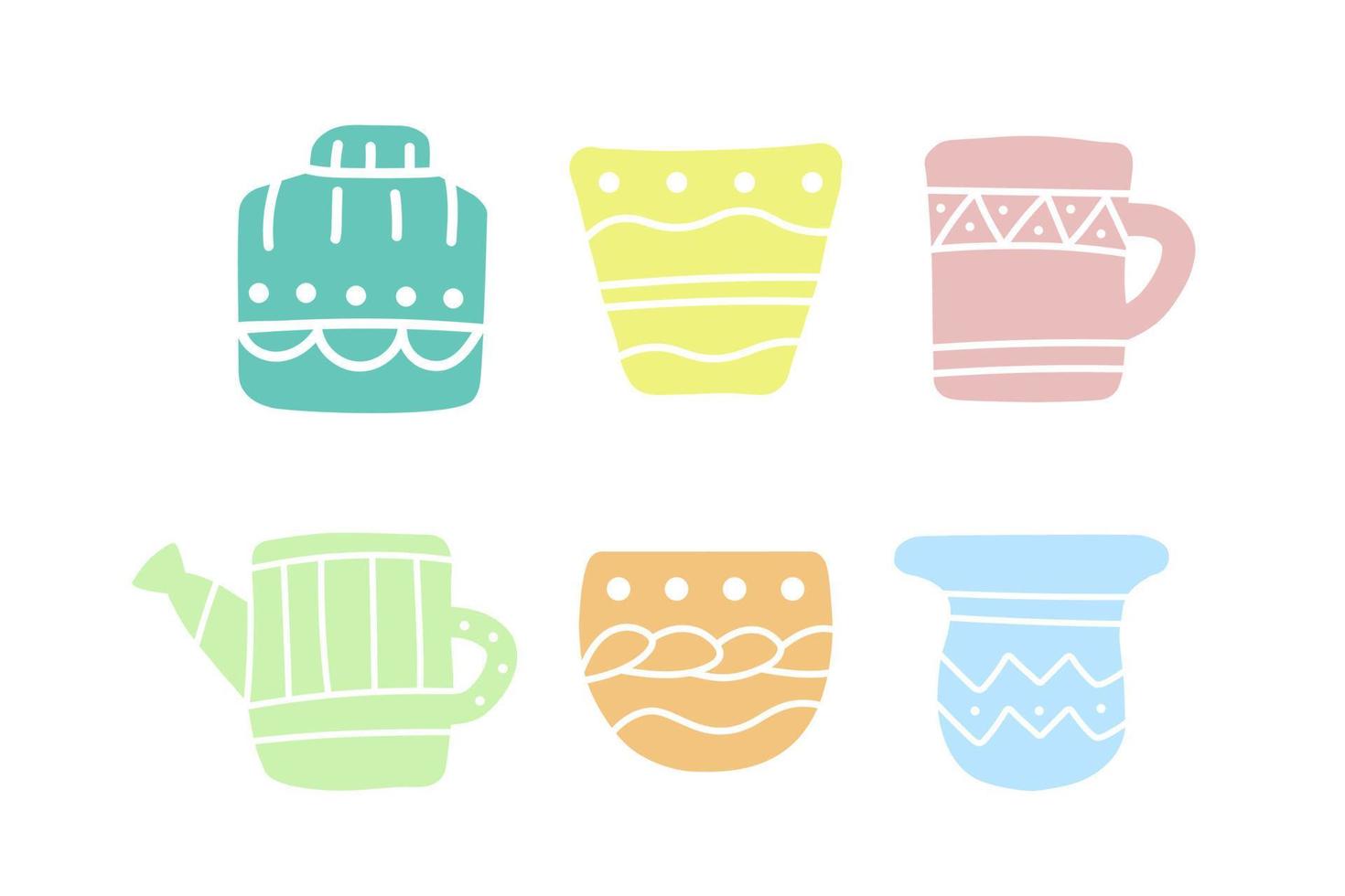 Flowerpot isolated icon set. Simple doodle hand drawn vector illustration. Flower plant vase clip art.