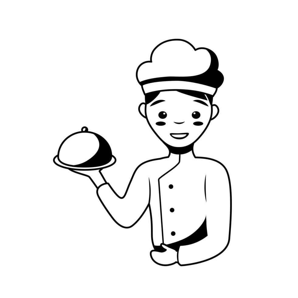 Vector smiling man cook shef. Cartoon doodle outline conceptual illustration isolated on white background with cute boy character. Restaurant or cafe cooking logo design.