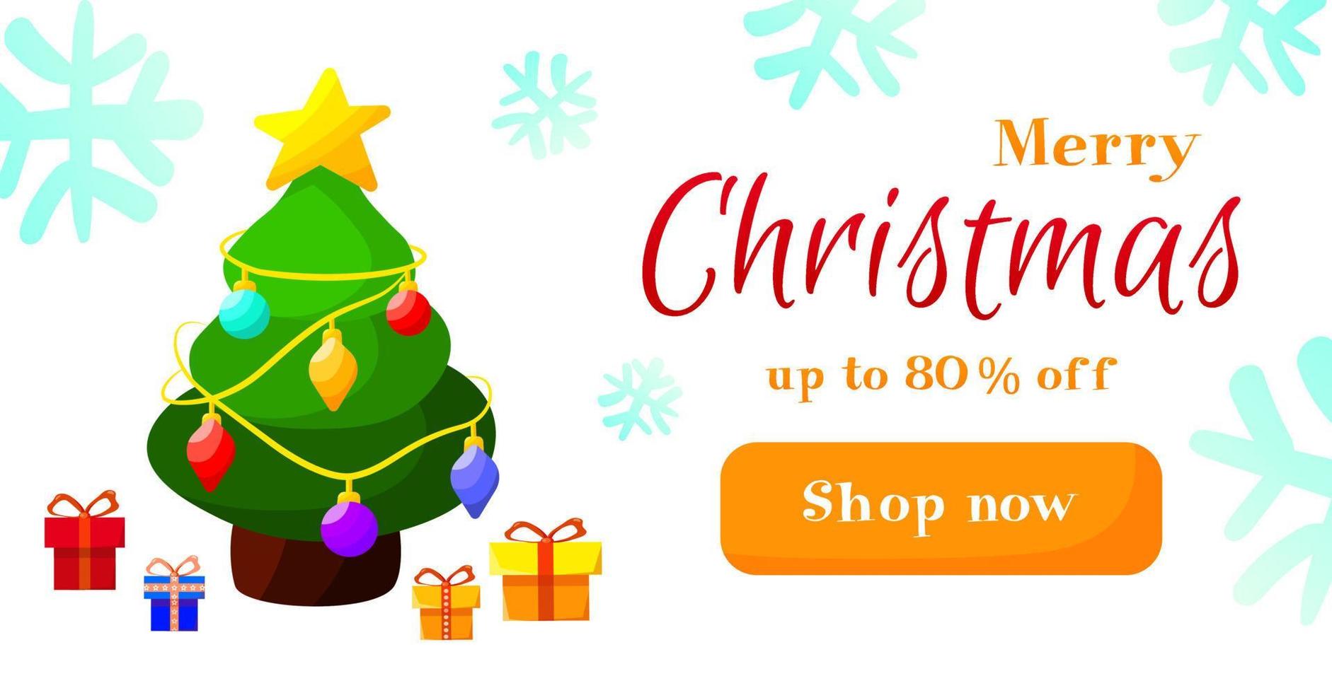 Merry Christmas celebration sale banner template. Colorful winter holiday illustration with christmas tree and gift boxes. Marketing offer concept. vector