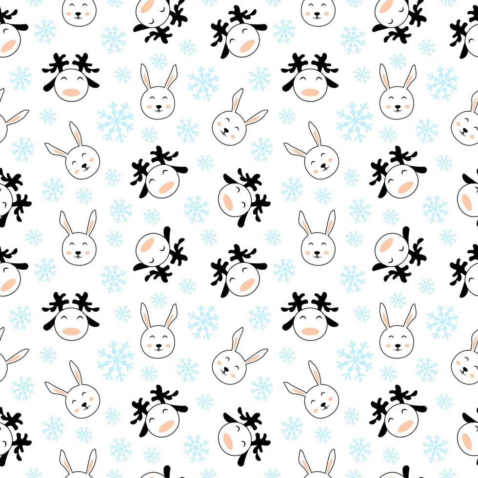 Cute Christmas seamless pattern with rabbit and deer animals. Cartoon vector nursery wallpaper. Wrapping or scrapbook paper design.