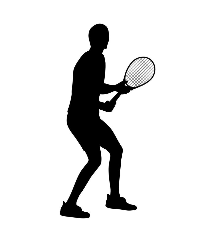 Human body silhouette with tennis racket. Vector simple shadow shape emblem, flat black icon isolated on white backround. Logo design element. Sportive man, playing sport game.