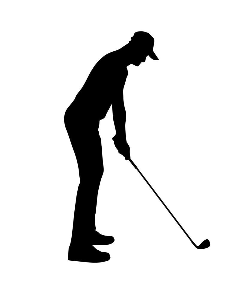 silueta de persona de jugador de golf. forma de sombra simple vectorial, icono negro plano aislado en el fondo blanco. elemento de diseño del emblema del logotipo. hombre deportivo, jugando al deporte. vector