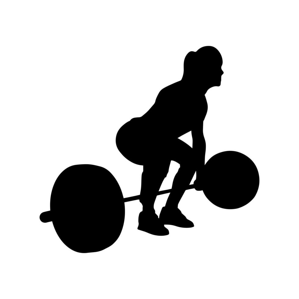Vector weightlifting person silhouette shadow shape, flat black emblem isolated on white backround. Sportive competition logo design element. Sportswoman lifting the barbell, sport game tournament.