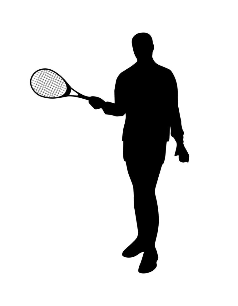 Human body silhouette with tennis racket. Vector simple shadow shape emblem, flat black icon isolated on white backround. Logo design element. Sportive man, playing sport game.