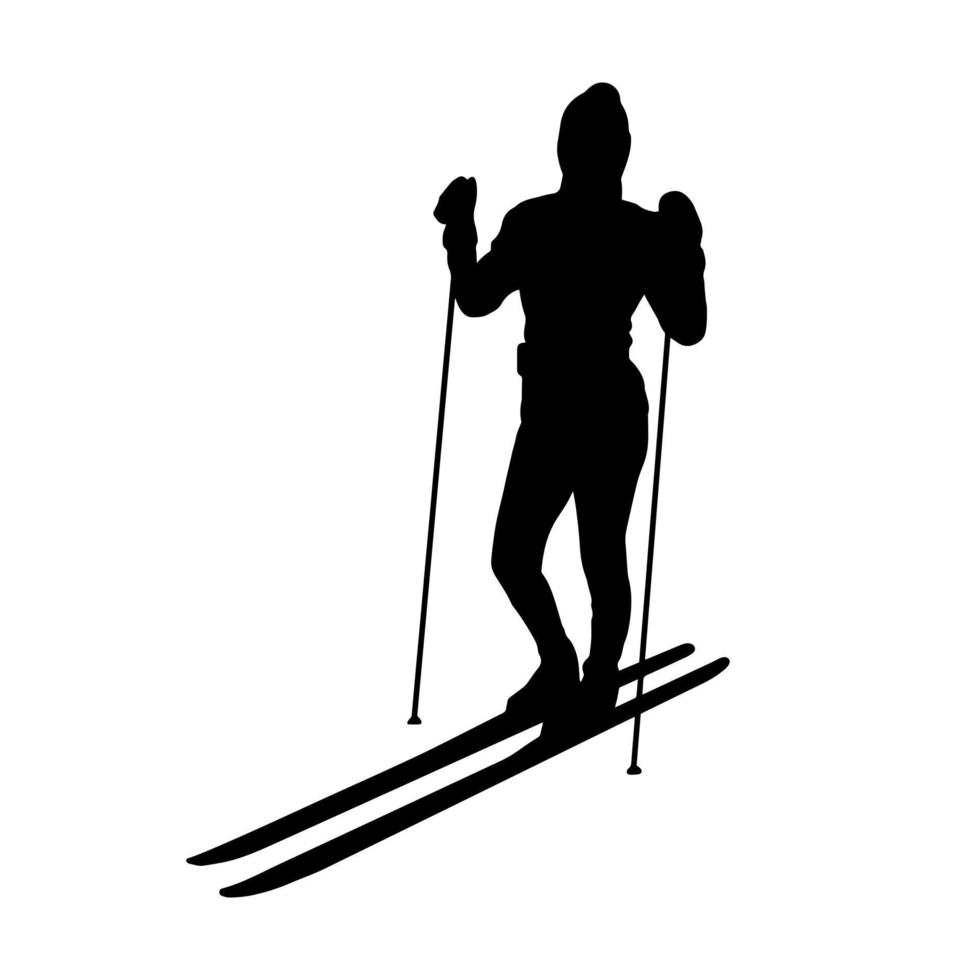 forma de sombra de silueta de persona de esquí simple vectorial, icono negro plano aislado en el fondo blanco. elemento de diseño del emblema del logotipo. juego de deportes de invierno y actividad de ocio. vector