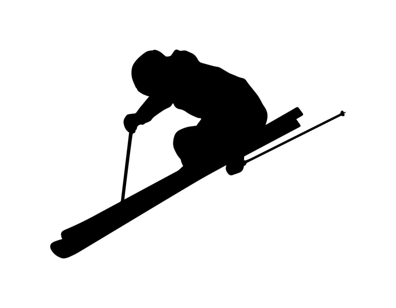 Vector simple skiing person silhouette shadow shape, flat black icon isolated on white backround. Logo emblem design element. Winter sport game and leisure activity.