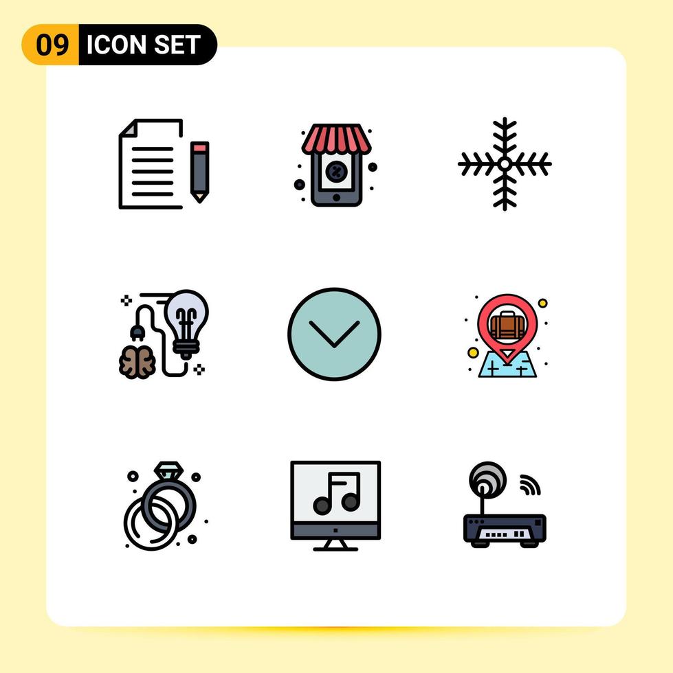 Modern Set of 9 Filledline Flat Colors Pictograph of down bulb christmas brainstorming brain Editable Vector Design Elements