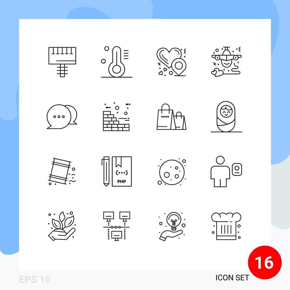 Set of 16 Modern UI Icons Symbols Signs for message chat love love fly Editable Vector Design Elements