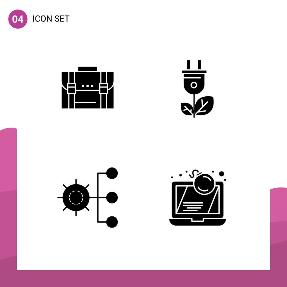 4 Universal Solid Glyphs Set for Web and Mobile Applications briefcase plug documents suitcase company Editable Vector Design Elements