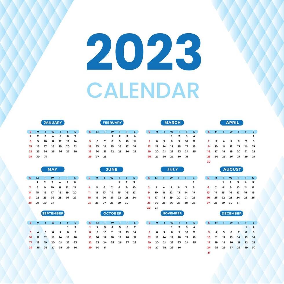 Year 2023 colorful calendar on white background. Vector template.