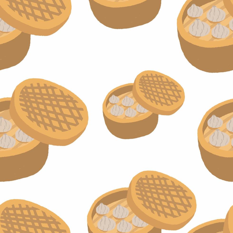 Seamless pattern Asian cuisine dumplings in a bamboo double boiler vector