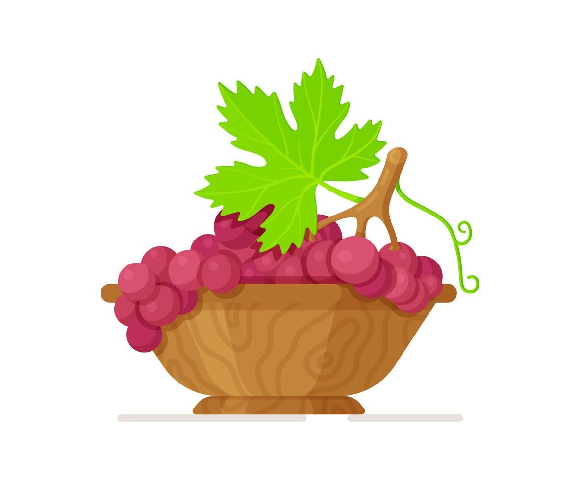 Vector illustration of an isolated wooden bowl with purple grapes on a white background. Plate with fresh fruit.