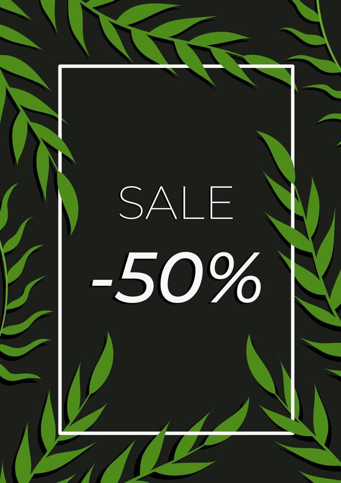 Poster with tropical leaves. Vector illustration of a discounted summer banner.