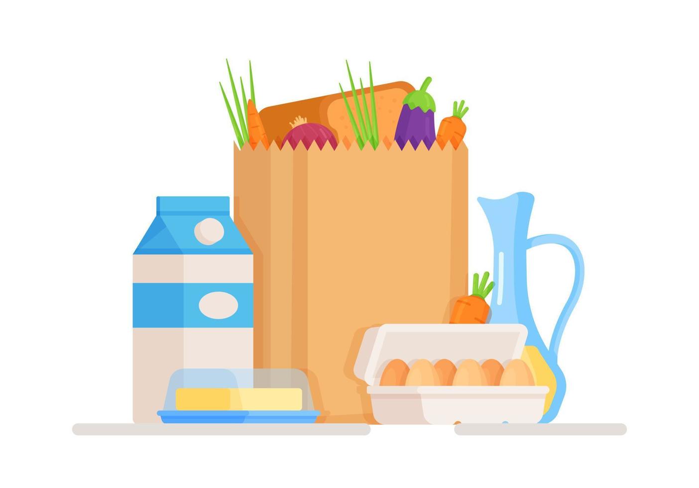 Vector illustration of an isolated grocery bag on a white background.  Buying fresh vegetables, eggs, dairy products and the rest.