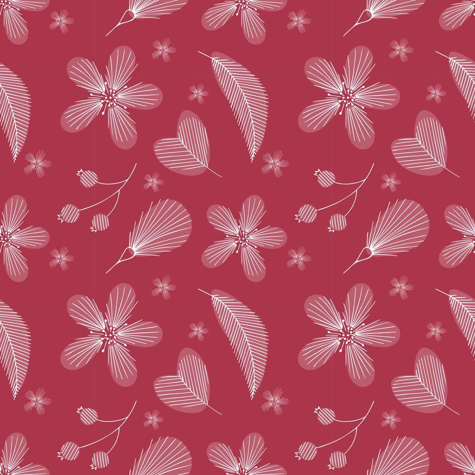 Viva Magenta color of the year 2023 pattern with white  doodle flowers. vector