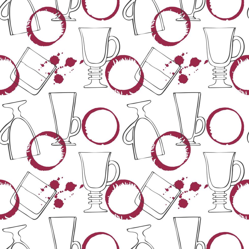 patrón viva magenta color 2023 mancha de vino y gotas con vasos para bebidas y whisky, manchas de acuarela roja, garabato dibujado a mano. vector