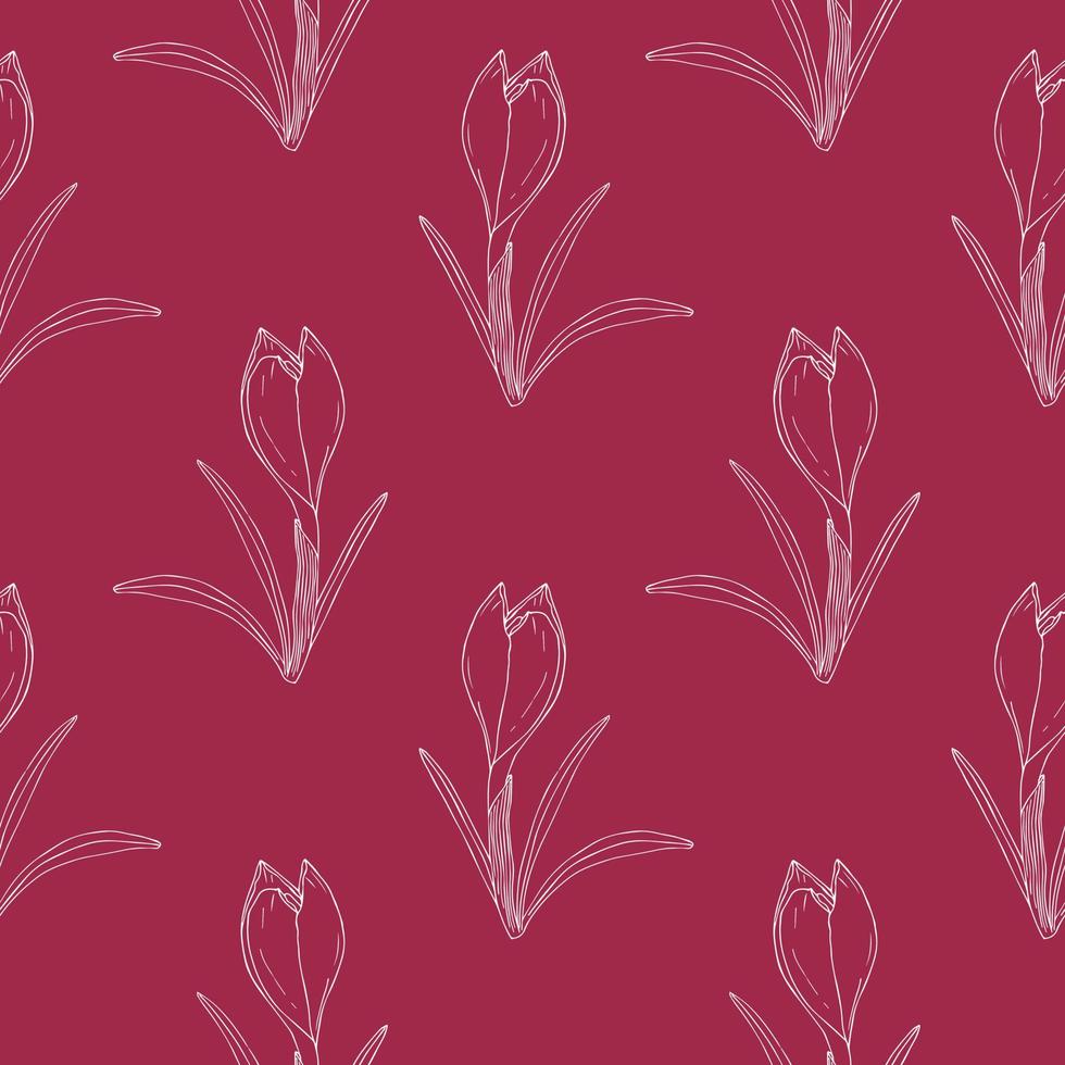 Viva Magenta color of the year 2023 pattern with white crocus contour. vector