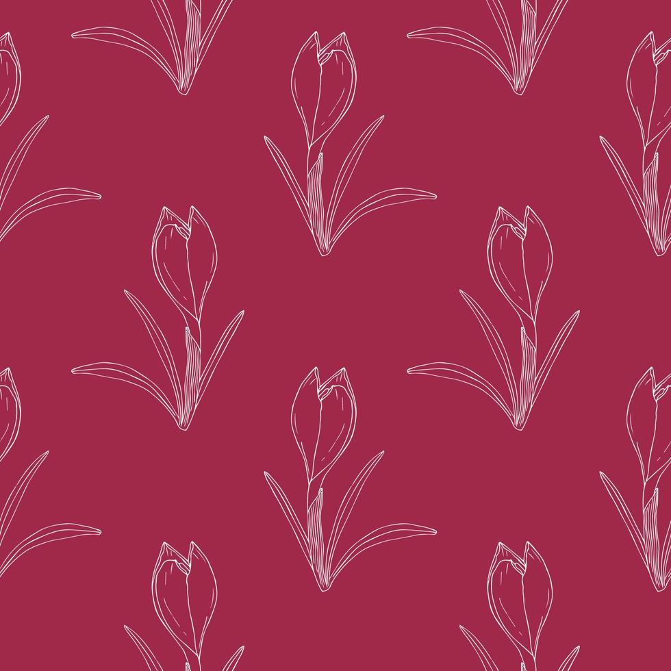 Viva Magenta color of the year 2023 pattern with white crocus contour. vector