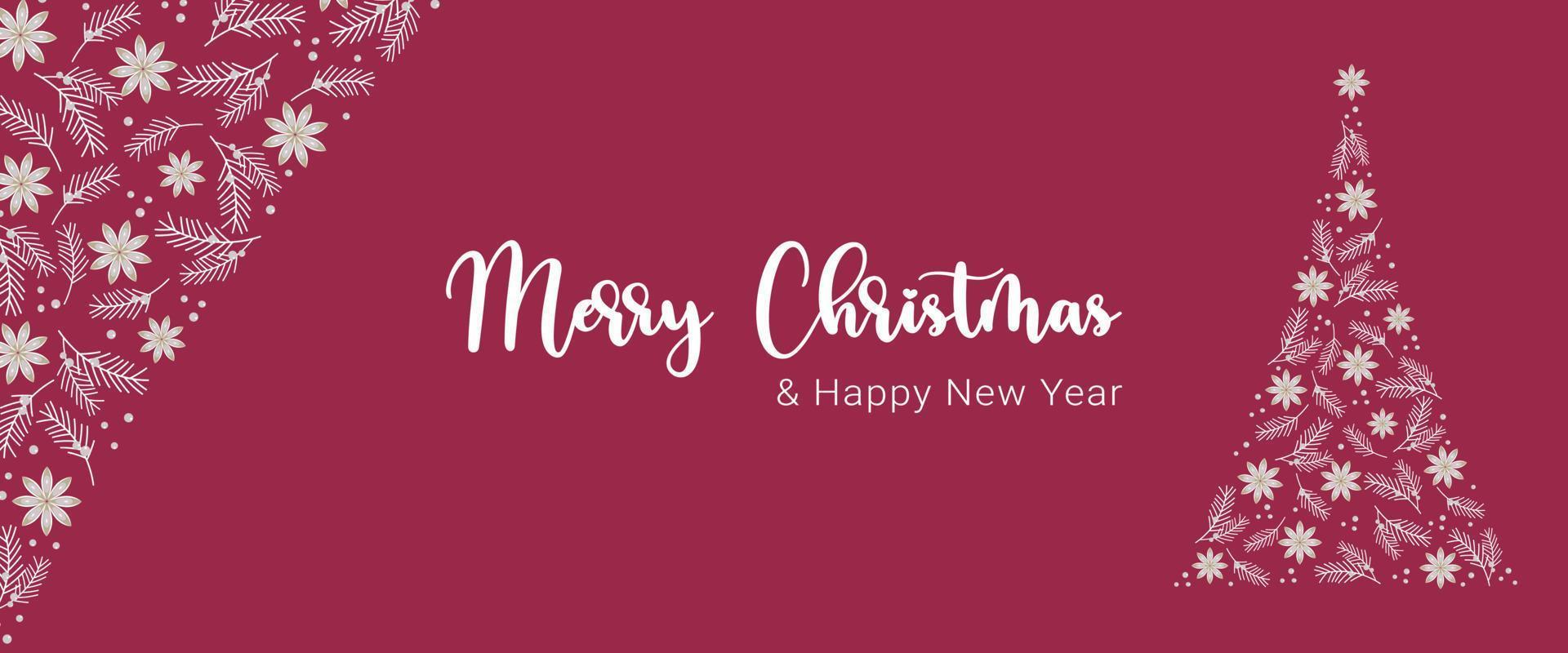 Banner Viva Magenta color 2023 Merry Christmas Happy New Year horizontal , tree star anise berry. vector