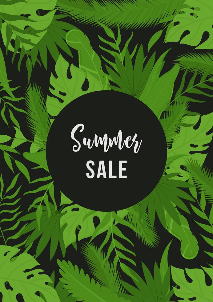 Poster with tropical leaves. Vector illustration of a discounted summer banner.