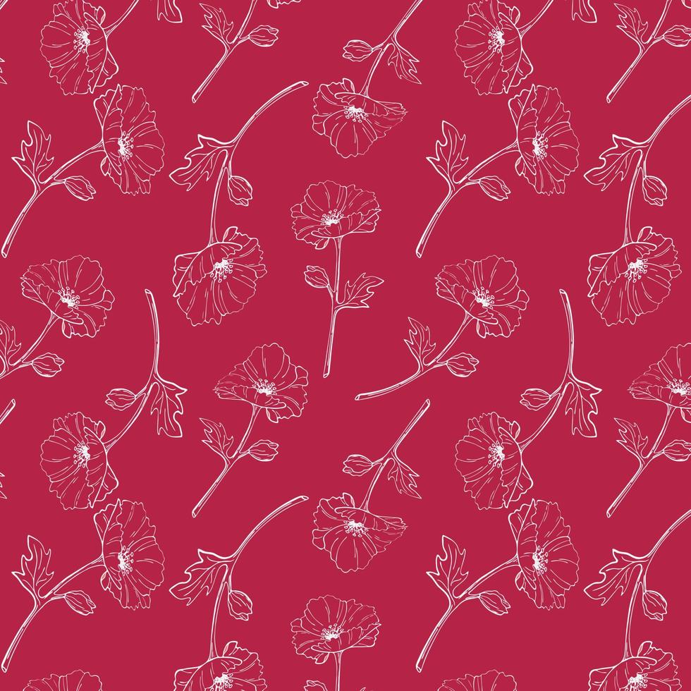 Pattern Viva Magenta color of the year 2023 with white Poppy flower contour. vector