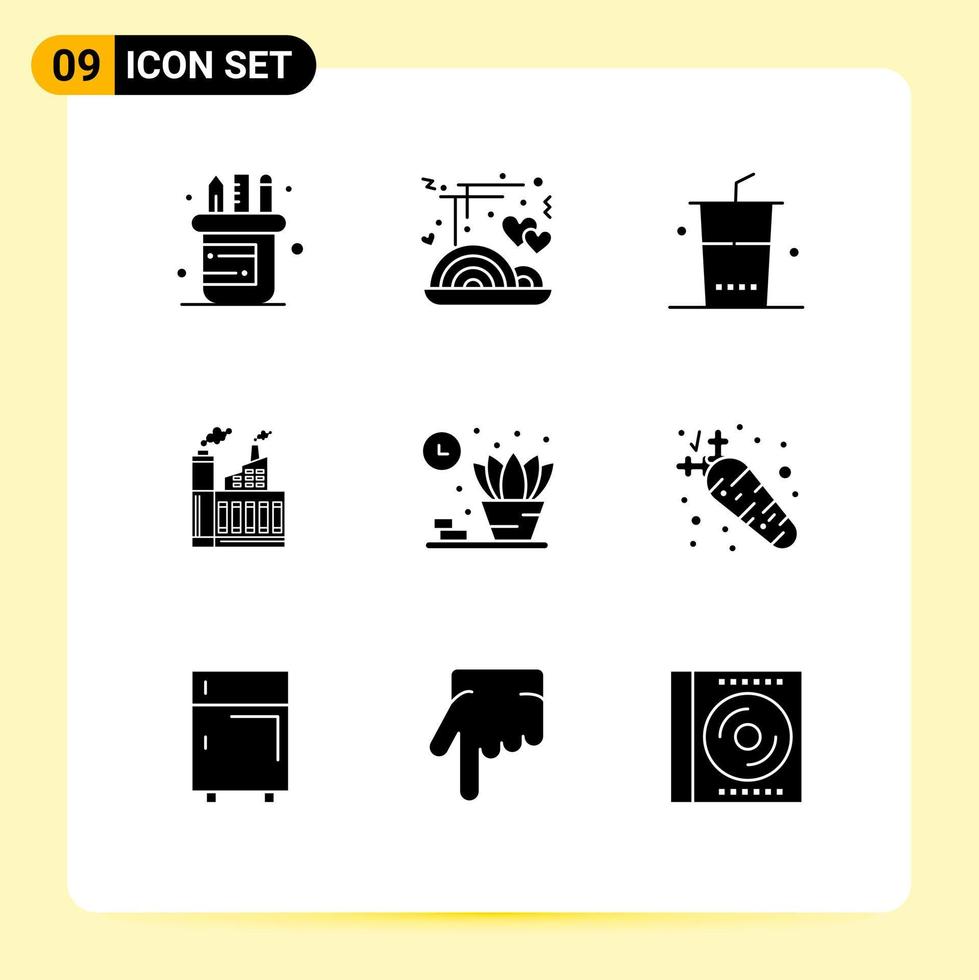 Mobile Interface Solid Glyph Set of 9 Pictograms of living smoke food factory building Editable Vector Design Elements