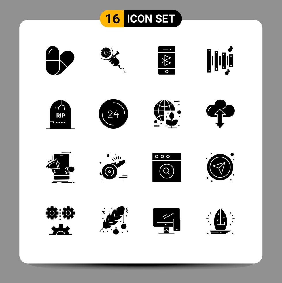 Universal Icon Symbols Group of 16 Modern Solid Glyphs of gravestone death communication music custom Editable Vector Design Elements