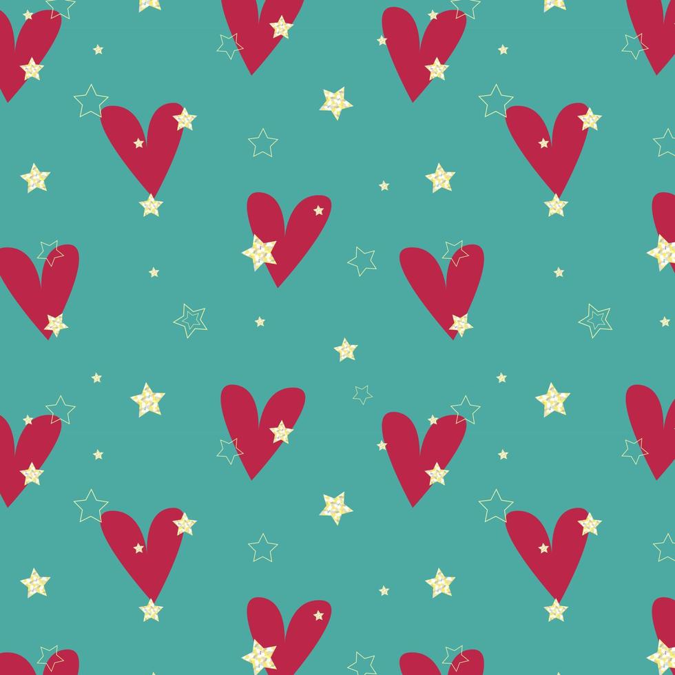 Pattern Love and Passion Viva Magenta color of the year 2023. Shiny gold stars and blue background. Valentines Day, Wedding. vector